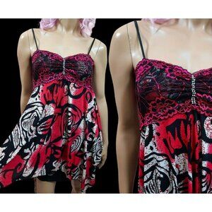Y2K Funky Print Babydoll Top Silk Blend Sleeveless Asymmetric Hem Size M